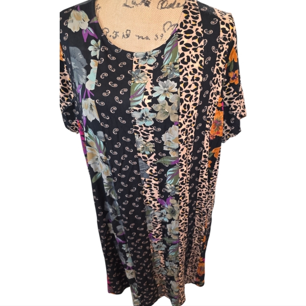 Tahari Farm Knit Stretch Comfy Floral and Leopard Print Dress Plus Size 2X New
